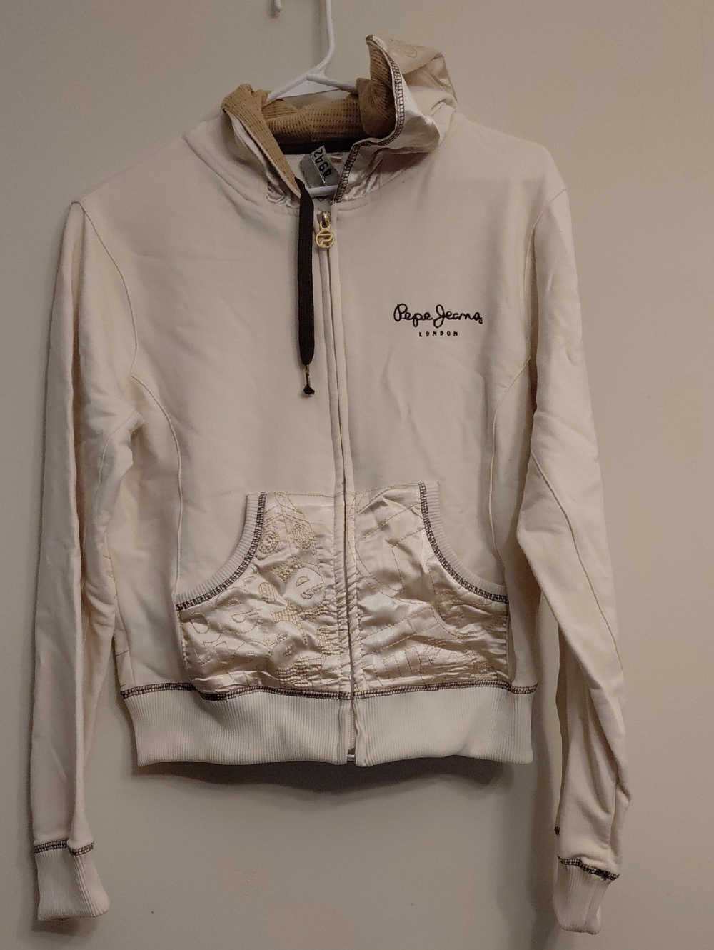 Pepe Jeans Cream Hooded Bomber Jacket with Embroidered Logo